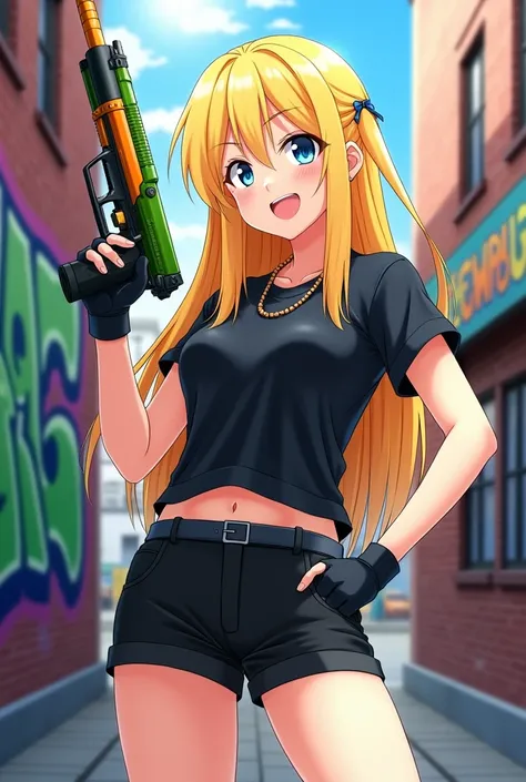 anime homem, Black short shorts, blond, happy face, black gloves, Black blouse with a green and orange gun in her hands