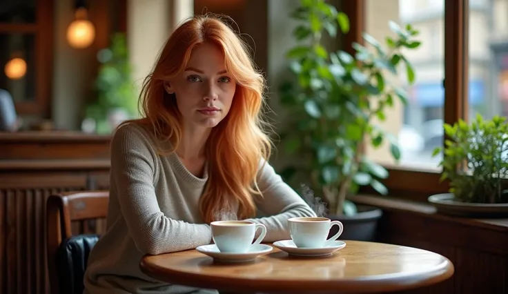 Beautiful woman in a cafe sitting at a table, Redhead with long blonde hair.