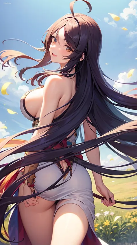 High resolution, masterpiece, Textured skin, Very long hair, Ahoge, Colorful Hair, Parted bangs, Hair blowing in the wind, Large Breasts, smile, Open your mouth a little, Back view, Character portrait, Background blur, Alphonse Mucha, 