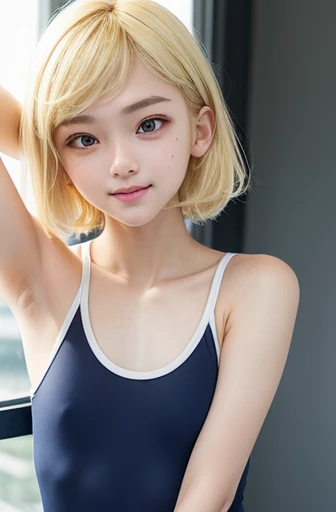 ((From head to thigh)),armpits,Create a photo of a korean Asian teenager,((beautiful cute idol girl:1.5)), ((blonde hair:1.5)),11yo,narrow eyes:1.5,slim face,slim neck,((thinbody：1.5)),white tite tanktop,((rasping)),((frat chest)),((clavicle)),((ribs)),((N...