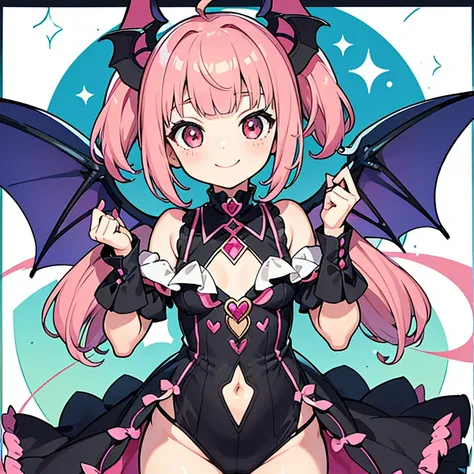 (masterpiece,best quality,ultra-detailed), an anime girl who is 7 years old, playful and sweet succubus. She has candy pink m-shaped bangs short hair with twin ponytails, ruby round eyes, fruit bat ears and wings, wearing a gothic bodysuit, pose playfully ...