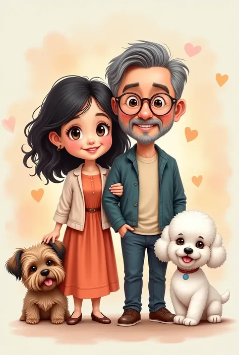 Make a chibi-style drawing of a family. The family is composed of the following members:
1) Daughter of 37 years old, 1,52m, with black hair to the shoulders, without bangs, and dark brown eyes.
2) Mother with 1,49m, 63 years old, curly, gray hair and wear...