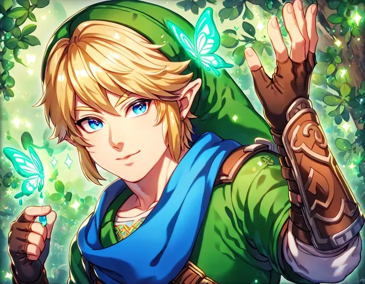 absurdres, highres, ultra detailed, HDR, master piece, best quality, extremely detailed, Link, blonde hair, expressive blue eyes, The Legend Of Zelda Hyrule Warriors, solo, sexy man, sensual, handsome, green tunic, green hat, brown gauntlets, blue scarf, u...