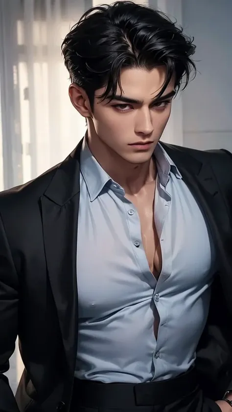 a muscular man, cheetah colour formal shirt, open shirt, folded collar, black colour hair, short hairstyle, handsome detailed face, large breasts, sexy look, looking directly at viewers, black pants,