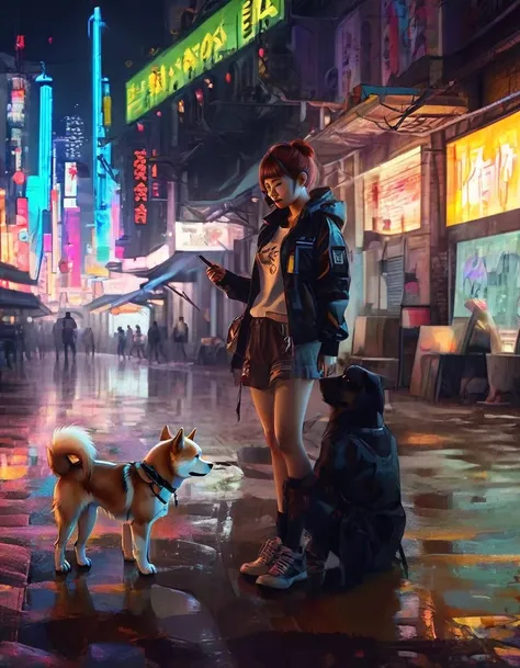 (Short-haired Shiba Inu),(best quality,high resolution,masterpiece:1.2),portrait,Practical，Xianxia，Cyberpunk，Interweaving of light and shadow.outdoor,high tech，City，Anthropomorphic，neon，Network Background，Girl and dog