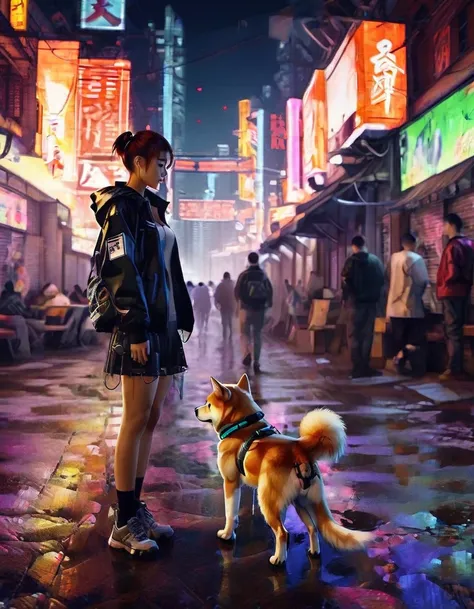 (Short-haired Shiba Inu),(best quality,high resolution,masterpiece:1.2),portrait,Practical，Xianxia，Cyberpunk，Interweaving of light and shadow.outdoor,high tech，City，Anthropomorphic，neon，Network Background，Girl and dog