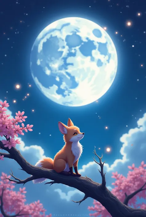 Anime style drawing of a very beautiful moon with a little animal