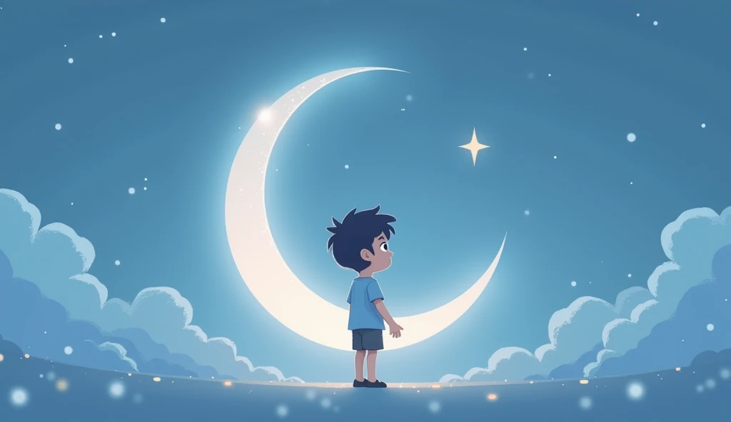 Design a minimalist logo featuring a crescent moon with a soft, glowing light in pastel shades of blue and silver. Include a few subtle, twinkling stars to evoke a calm, serene night sky. And a Disappointed boy is staying the centre of this picture The des...