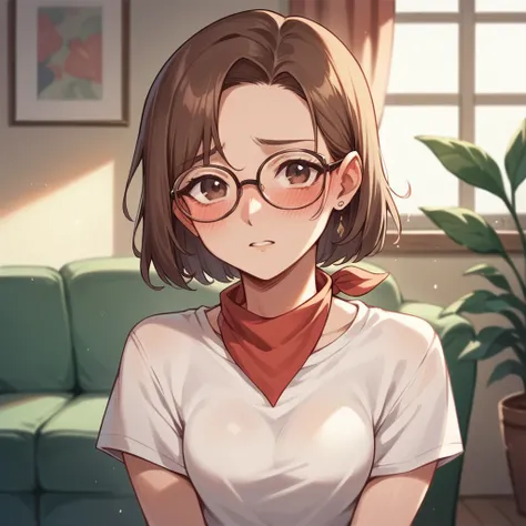 your innocent looking girlfriend is standing infront of you in your apartment living room. she has brown hair with glasses on. she is blushing as she has a bandana in her hands.