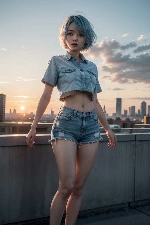 A dynamic scene featuring a girl with short, light blue hair in an action pose, as if shes in the middle of a thrilling urban adventure. Shes standing on a rooftop at sunset, with the city skyline in the background. Her cool, casual outfit flutters slightl...