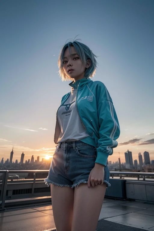 A dynamic scene featuring a girl with short, light blue hair in an action pose, as if shes in the middle of a thrilling urban adventure. Shes standing on a rooftop at sunset, with the city skyline in the background. Her cool, casual outfit flutters slightl...