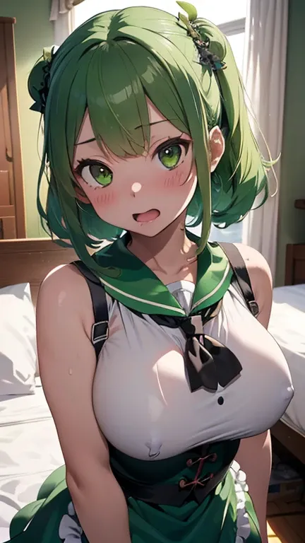 mastute piece,Best Quality,insanely detailed,8k cg,nsfw,
(shoot upper body:1.3),
(1girls:1.3),standing,looking at viewr,body in front,(arms behind back:1.4),(green sailor maid:1.3),ホワイトプリム,(bare breasts),break,
blush,shy,(ecstasy face),(trembling:1.2),brea...