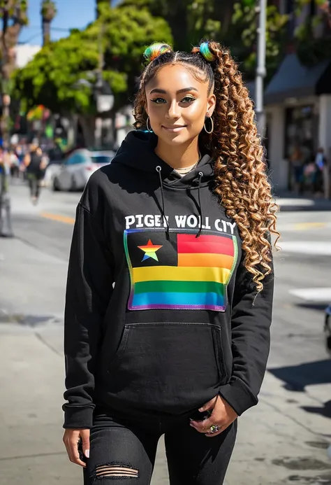 slightly tall young woman, light brown skin, light green eyes. Long brown curly hair with pigtails. Black Rainbow Pride Flag hoodie, shirt black denim jeans, necklace, nose piercing, transparent lipgloss, slim built, very beautiful, late adolescent, 19 yea...