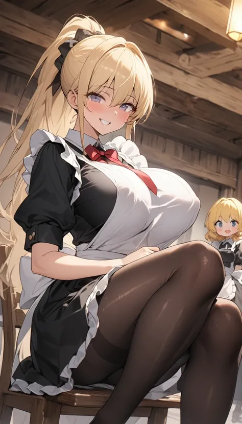 One Woman、beautiful girl、maid、20-year-old、blonde、ponytail、Western-style building、maidの、Calm look、Drooping eyes、A motherly expression、Baby Face、頭にmaidカチューシャ、Short skirt、Black Pantyhose、Ultra-high definition image quality、Highest quality, smile,Big Breasts、V...