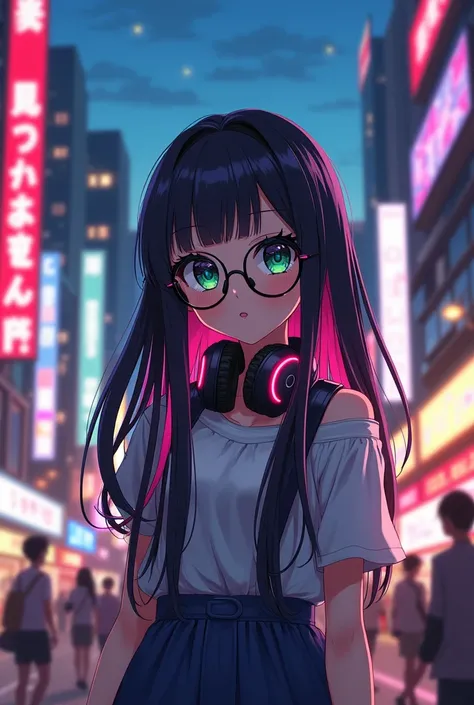 Short anime girl with long black hair with pink tips wearing round glasses and headphones with green eyes
