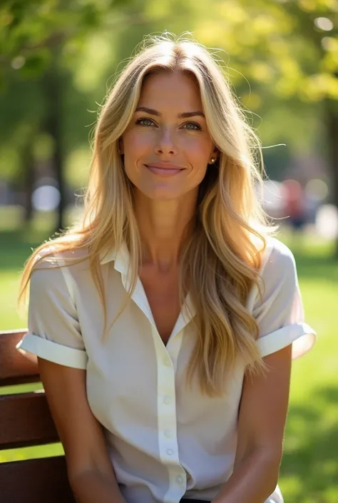 (photorealism:1.2), slim woman, 40 years old white Caucasian woman sitting in a park, long straight blonde hair, short sleeve casual, soft smile, elegant 