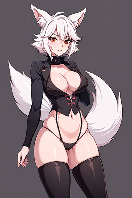 Mangle Fox-tailed zorro waifu milf, pirate clothing , HD, pelo blanco con rosa, busto grande, 