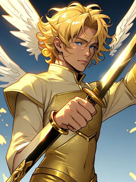 A handsome blond angel man with golden curly hair angel with golden sword 