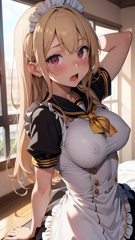 mastute piece,Best Quality,insanely detailed,8k cg,nsfw,
(shoot upper body:1.3),
(1girls:1.3),standing,looking at viewr,body in front,(arms behind back:1.4),(gold sailor maid:1.3),ホワイトプリム,(bare breasts),break,
blush,shy,(ecstasy face),(trembling:1.2),break...