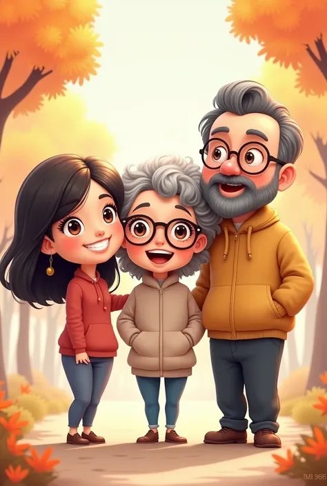 Draw these THREE PEOPLE together in a chibi style.:
1) 37 year old woman, 1,52m, with black hair to the shoulders, without bangs, and dark brown eyes.
2) Brunette woman with 1,49m, 63 years old, curly and gray hair and wears glasses.
3) Man with 1,70m, 65 ...