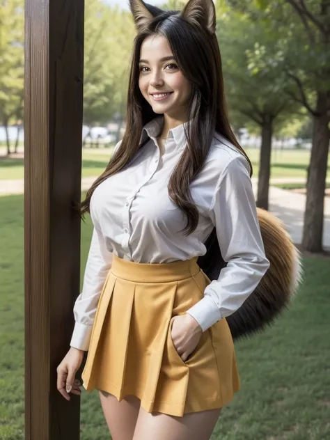 ((Highest quality, 8k)), ((masterpiece)), (Highest Resolution), Perfect Face, Fox Woman, Female college student, Beautiful woman, Outdoor, One tail, she has thick thighs, Her large tail, She has a brown fox tail., She wags her tail, Smiling with teeth show...