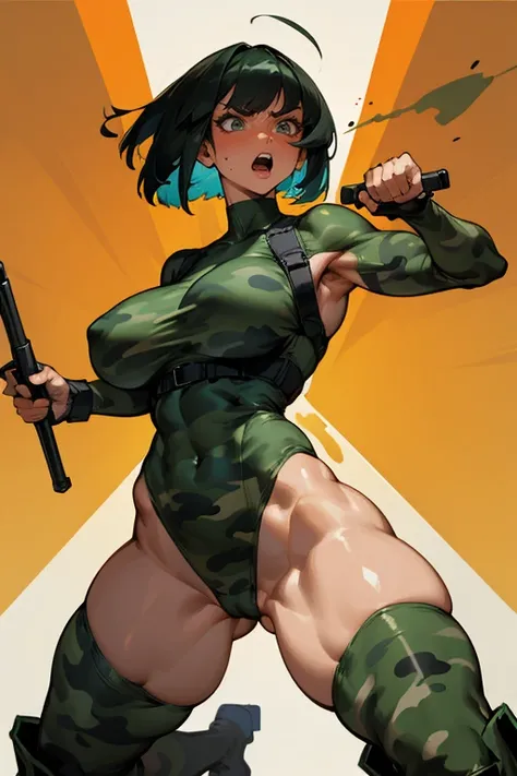 Cuberpunk, thick hips,  thick thighs, high heel boots, high cut leotard, huge breast, thin waist, bob cut hair, weapon, tanned skin, gun, angry look, military camouflage, scream, thick body, fitness,