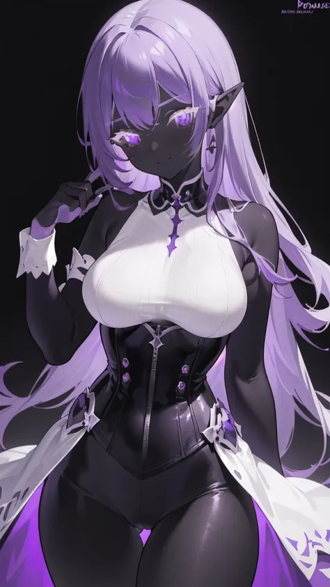 a woman, purple theme, monochrome, pointy ears, smile, closed mouth, solo, long hair, looking at viewer, lob hair, scars, large breasts, elegant hips, corset, (masterpiece, best quality, absurdres, detailed, ultra-detailed:1.3), sexy