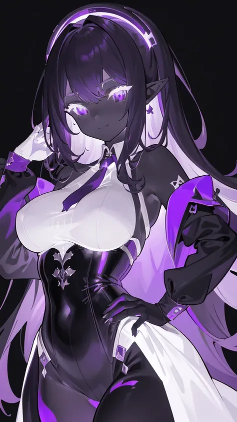 a woman, purple theme, monochrome, pointy ears, smile, closed mouth, solo, long hair, looking at viewer, lob hair, scars, large breasts, elegant hips, corset, (masterpiece, best quality, absurdres, detailed, ultra-detailed:1.3), sexy