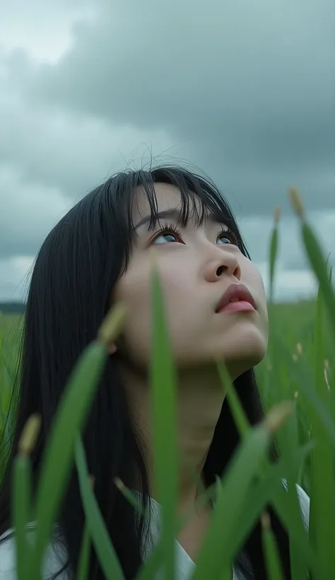 close-up, [face]、grassland、Cloudy、Depressed girl、Looking up at the sky、Black Hair、Japanese、Long Hair