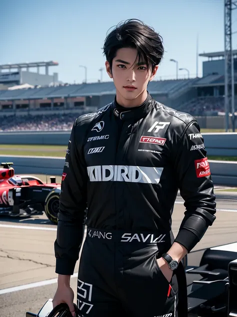 Cinematic Photo of a handsome japanese men 25-30 y.o fashion model, medium black hair. He is doctor. He is a F1 racer.Background F1 racing track！ He put on his F1 suit