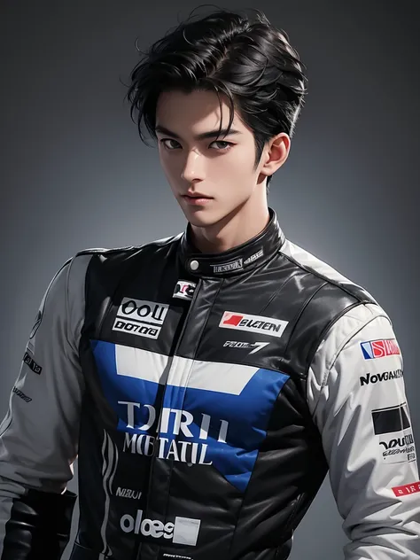 Cinematic Photo of a handsome japanese men 25-30 y.o fashion model, medium black hair. He is doctor. He is a F1 racer.Background F1 racing track！ He put on his F1 suit