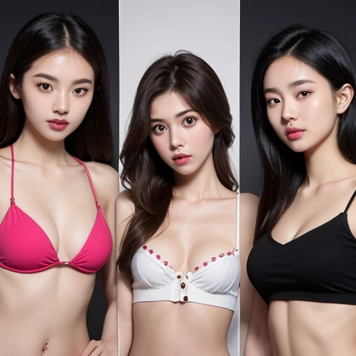 3 girls, 20 years old, trio, hip hop styles, prettiest, asian girls, perfect eyes, perfect faces, dark eyes,All of them have exposed skin around their belly buttons.,Everyone&#39;s shoulders are exposed.,All of them are skinny,All slim figures,(((All with ...