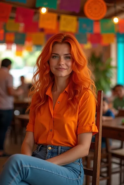 Mexican woman, big orange hair, legs open, hairy pussy, orange shirt, sitting in a chair