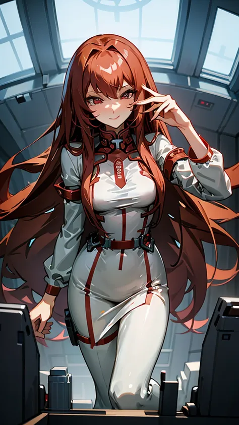 giantess ((kurisu makise from steins;gate)) intelligent and composed (masterpiece best quality) soft smile, eyes sharp with inte...