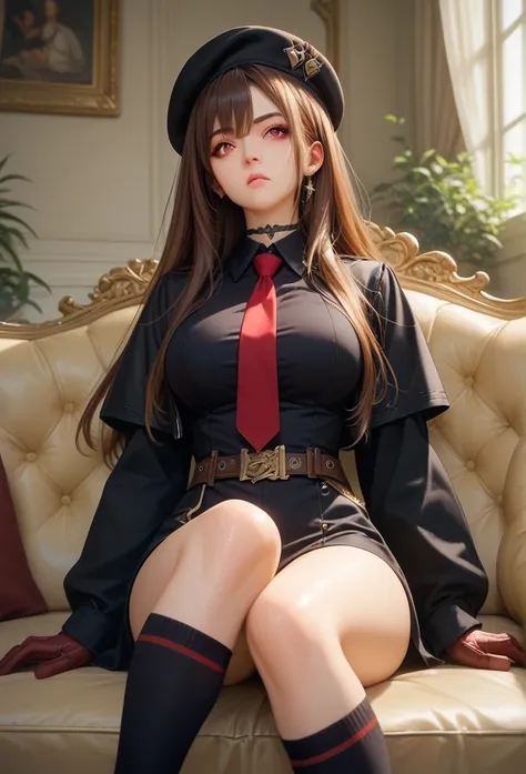 lapidev, red eyes, brown hair, long hair, bangs, beret, black jacket, cropped jacket, red tie, gloves, black shirt, belt, knee s...