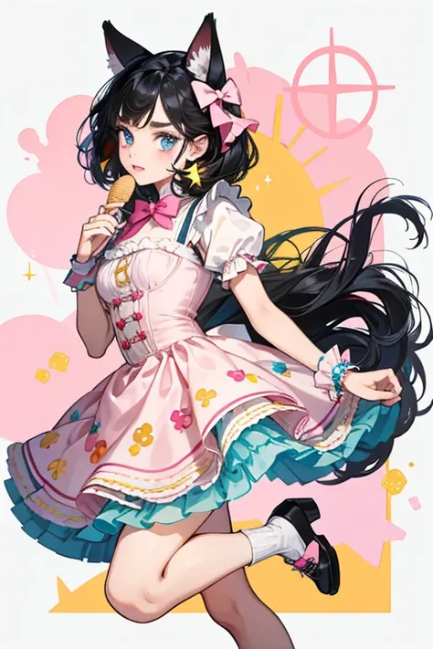 Preena has white skin with blue eyes, an orange nose, black eyebrows, yellow eyeshadow, and orange lips. Her black hair is loose and reaches down to her waist. She has no animal ears or tail. Preena wears a molded-on pink and blue bodice with a blue stripe...