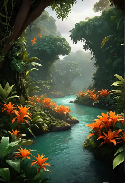 looking at a river, decorated in a mysterious jungle, dark orange and light emerald colors, isolated environment, images inspired by nature, foto da National Geographic, Unreal Engine 5, sensitivity to the natural world, full of flowers.