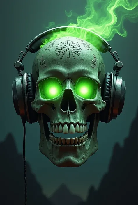 A skull wearing headphones and with Viking symbols on it, green mist comes out of its eyes and it appears to be smiling..