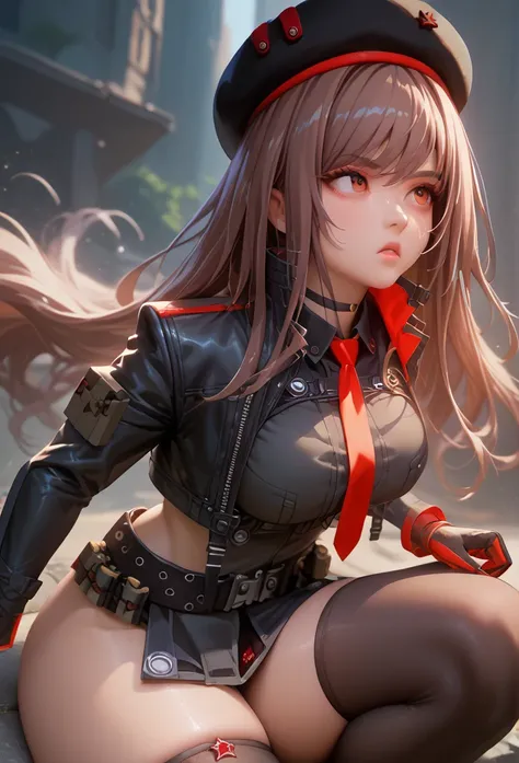 lapidev, red eyes, brown hair, long hair, bangs, beret, black jacket, cropped jacket, red tie, gloves, black shirt, belt, knee s...