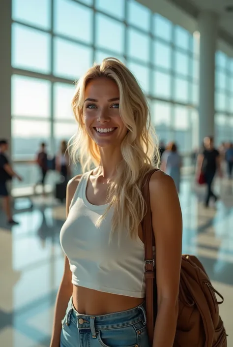 Beautiful 24 year old blonde girl with blue eyes and big breasts stands at Barajas airport with a backpack extremely detailed, realistic, photorealistic, high quality, 4k, 8k, masterpiece, ultra detailed, vivid colors, HDR, lighting studio , sharp focus, p...