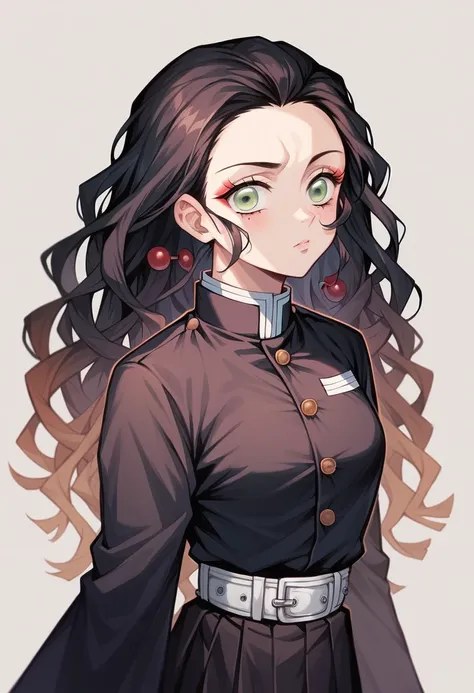 Kimetsu No Yaiba style, 1 girl, Demon Slayer uniform, Detailed male curly in the kimetsu no Yaiba style with other details
