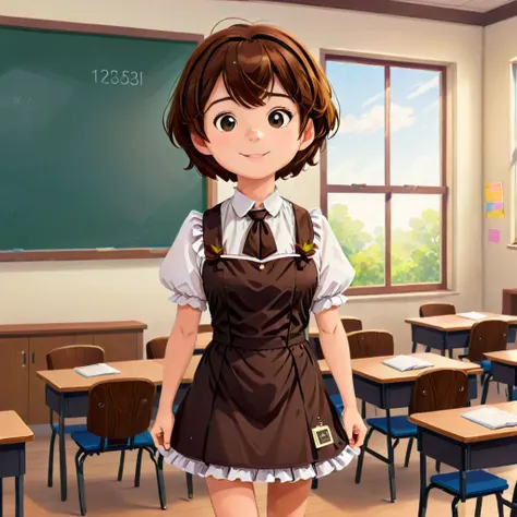 man, brown hair short, maid outfit, inside classroom, nlg art style