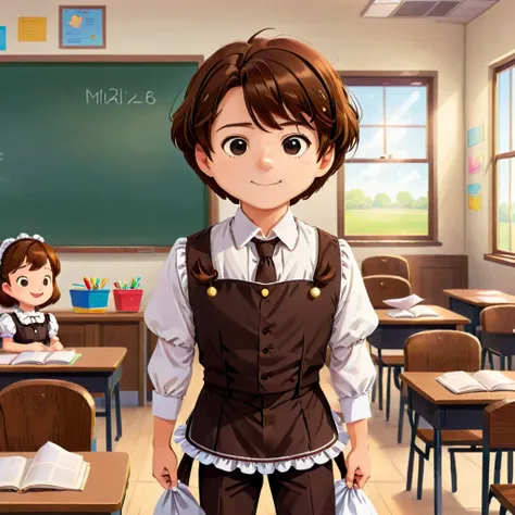 man, brown hair short, maid outfit, inside classroom, nlg art style