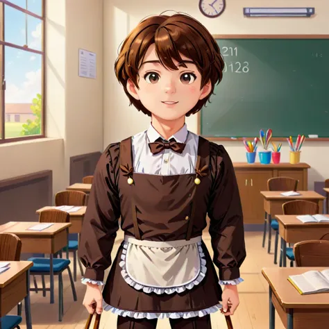 man, brown hair short, maid outfit, inside classroom, nlg art style