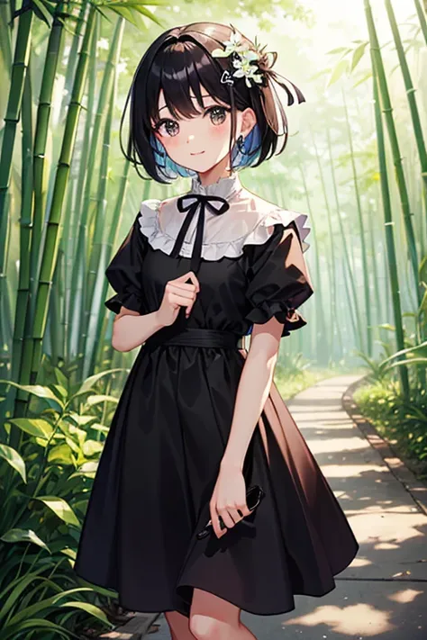 Highest quality、Black Hair、Iris、short hair、、cute、、、Small hair ornament、1 person、bamboo forest、stroll、A happy look、