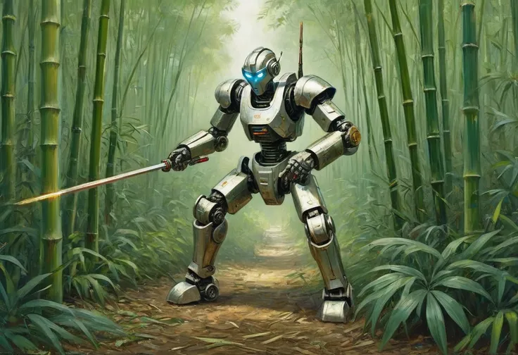 A metallic robot (obviously mechanical, dressed like a poor Chinese worker) is wandering through a dense bamboo forest, cutting and collecting Bamboo poles using a laser sword
