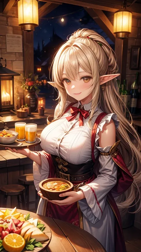 1girl,an illustrated scene set in a lively fantasy tavern at twilight. the focus is on a cheerful elf waitress, a young woman wi...