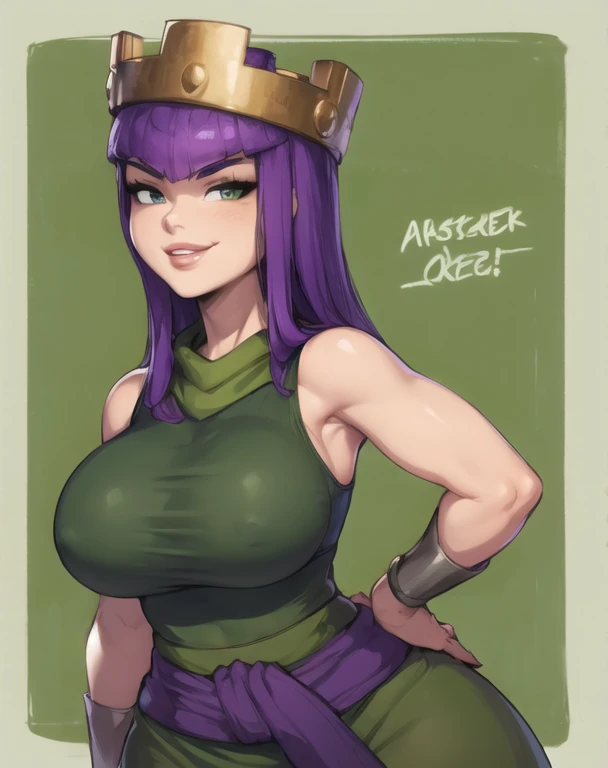 (best quality), (masterpiece), 1 girl, early 20s, huge heavy breasts, busty, perky breasts, thick, thick lips, wide hips, thin waist, archer queen, green outfit, purple waist sash, sleeveless, smug smile