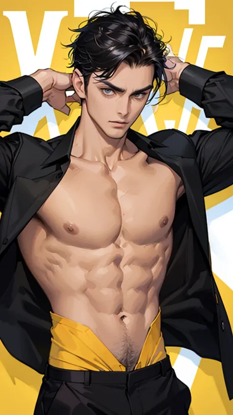 A muscular man, detailed handsome face, short black hair,open shirt, yellow black strips pattern formal shirt with folded collar, large breasts, sexy expression, looking directly at viewers romantically, black pants,