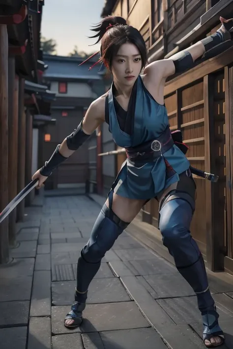 Highest quality,Ultra HD,Best AI Images, Full body photo,(beautiful face like a Japanese actress), Very detailed vfx portrait of, Female Ninja, Japanese kunoichi, cgsociety and Zhong Feng Hua, Covert behavior, Female Ninja, ((sword fighting scene)),sword f...